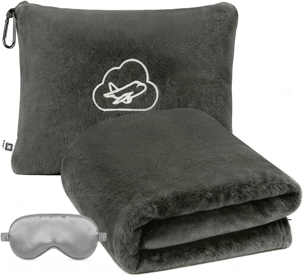 Travel Blanket Pillow,Airplane Blanket Compact with Bag Eye Mask, Ultra-Soft,Warm & Lightweight Included,Travel Essentials for Women & Men, Luggage Sleeve & Backpack Clip 65x40 in, Grey
