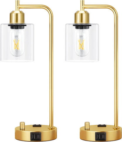 Industrial Table Lamps for Bedrooms Set of 2 - Fully Dimmable Bedside Lamps with USB A and C Ports and Outlet, Black Nightstand Lamps with Glass Shade for Living Room, Desk Lamps for Office Reading