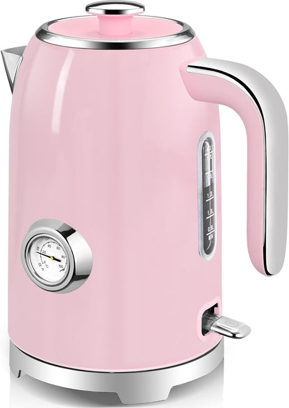 SUSTEAS Electric Kettle - 57oz Hot Tea Water Boiler with Thermometer, 1500W Fast Heating Stainless Steel Pot, Cordless LED Indicator, Auto Shut-Off & Boil Dry Protection, Retro Green