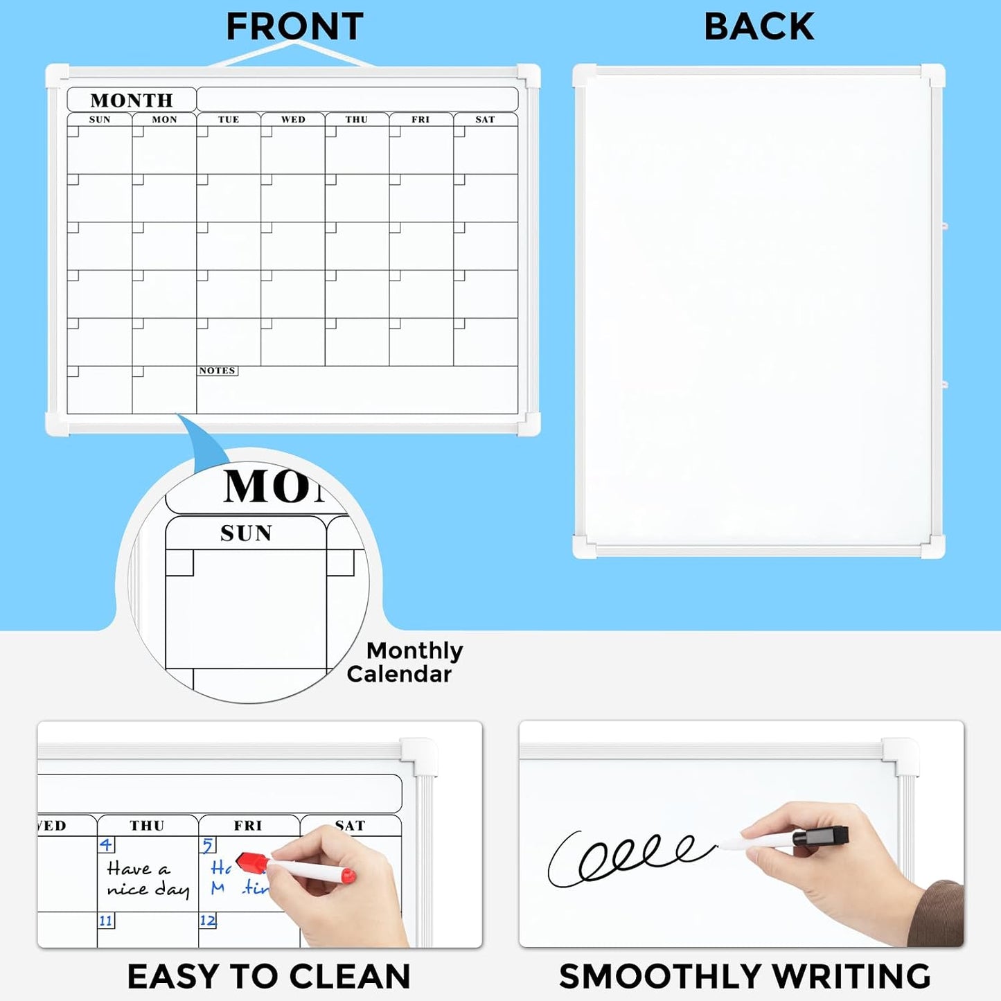 MaxGear Monthly Calendar Dry Erase Board for Wall, 16"x12", White Frame | Double-Sided, Hanging Small White Board, Portable Whiteboard for Planning, Drawing, Memo, to Do List, Home, Kitchen, Office