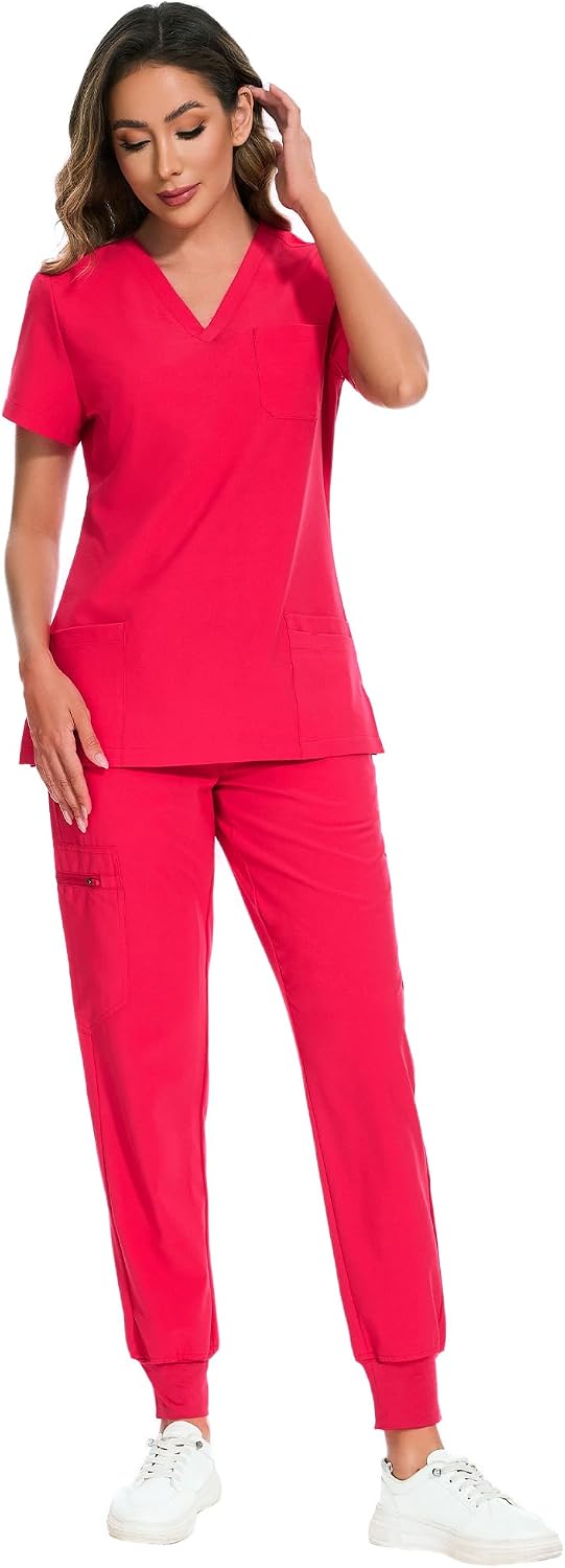 COZYFIT Scrubs for Women Set - Stretch V-Neck Scrub Top & Jogger Pant with 8 Pockets COZY SCRUBS - Colors E