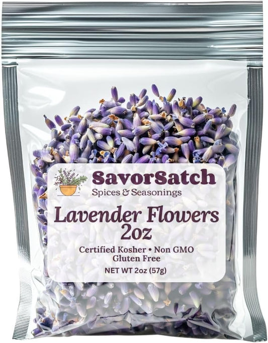 SavorSatch Dried Lavender Flowers Buds – Resealable Pouch | Culinary Grade, Whole Flower, Kosher Certified, Non-GMO | Soothing Aroma, Herbal Tea, Baking, Crafts, Sachets – Product of Albania