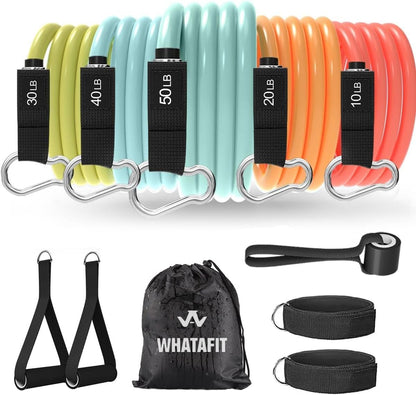 WHATAFIT Resistance Bands, Exercise Bands, Workout Bands with Handles, Door Anchor and Ankle Straps, 5 Resistance Levels Fitness Bands for Strength Training, Physical Therapy, and Home Gym Equipment