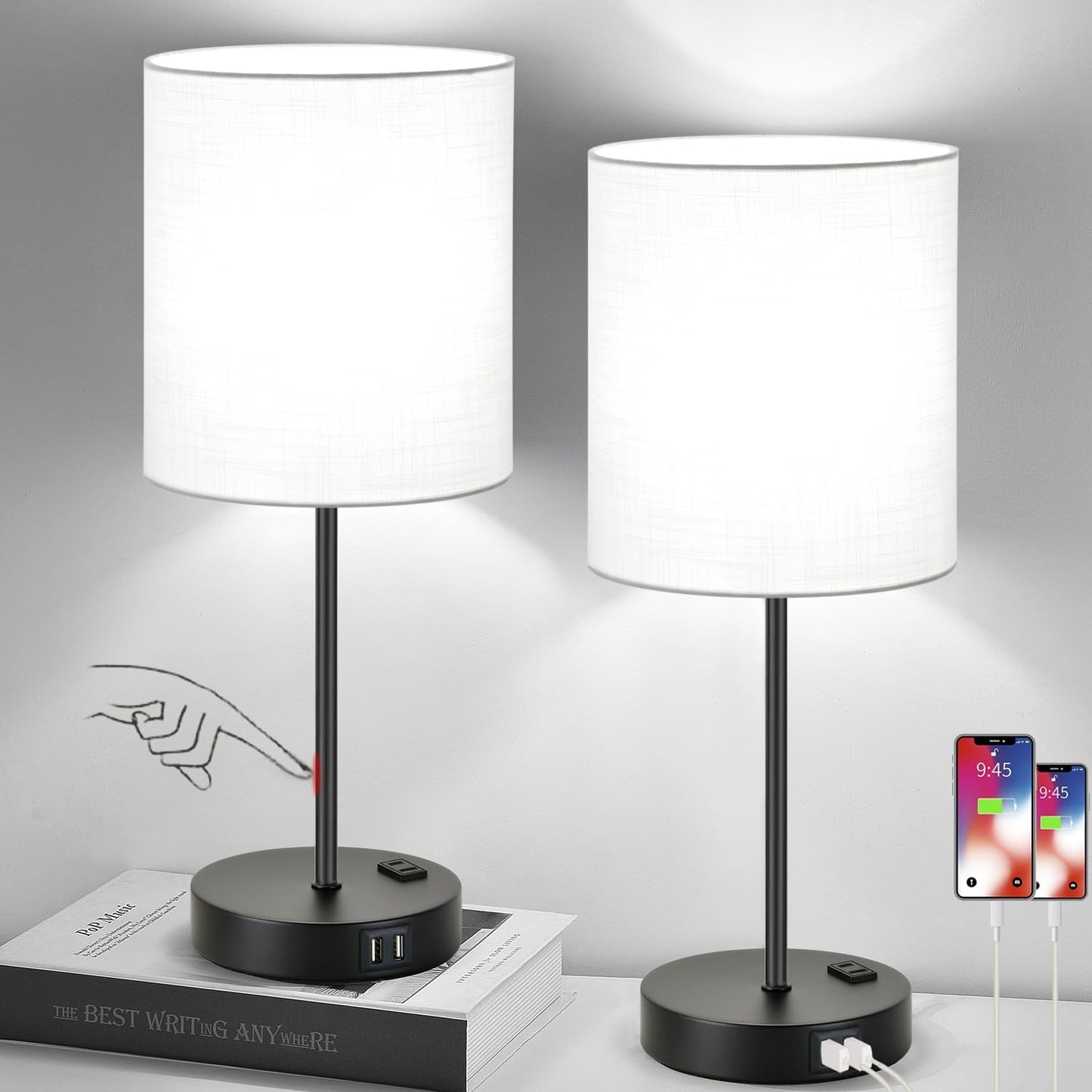 Set of 2 Touch Control Table Lamps with 2 USB & AC Outlet, 3-Way Dimmable Bedside Nightstand Lamps for Bedroom Living Room Nursery, 800 Lumens 5000K Daylight Bulbs Included