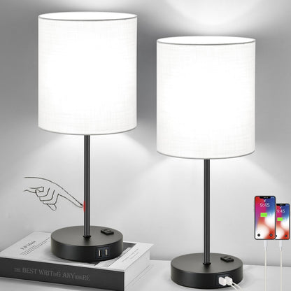 Set of 2 Touch Control Table Lamps with 2 USB & AC Outlet, 3-Way Dimmable Bedside Nightstand Lamps for Bedroom Living Room Nursery, 800 Lumens 5000K Daylight Bulbs Included
