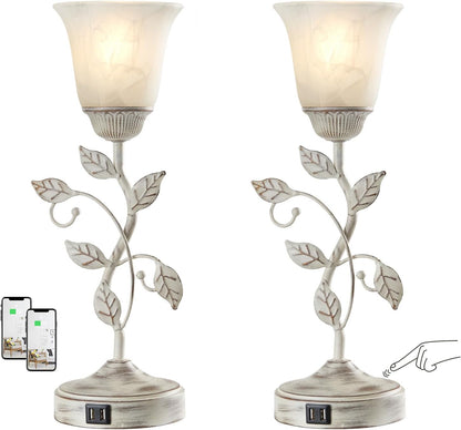 Touch Control Table Lamp with 2 USB Charging Ports, 3-Way Dimmable Bedside Nightstand Lamps, Amber Glass Shade Vintage Rural Leaf Lamp for Living Room, Bedroom, Dresser, LED Bulb Included (Bronze)