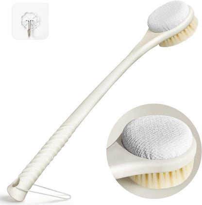 Back Scrubber for Shower, 15.7" Loofah with Handle, Back Shower Brush with Bristles and Loofah, Dry Brushing Body Brush for Cleanse Back and Hard to Reach Areas with Curved Long Handle
