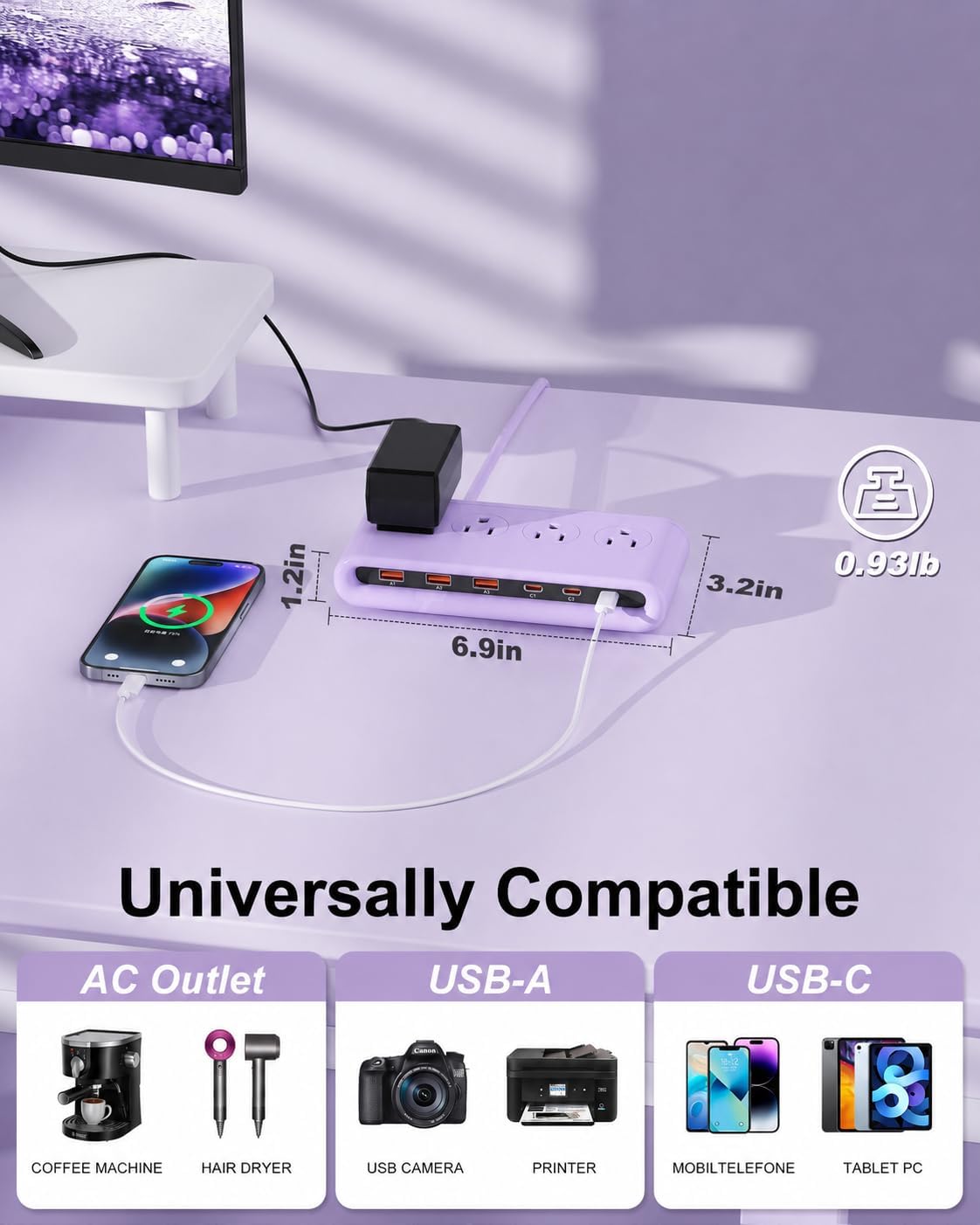 Power Strip with USB Port - 4AC & 6 USB(3USB C), Outlet Extender 5FT