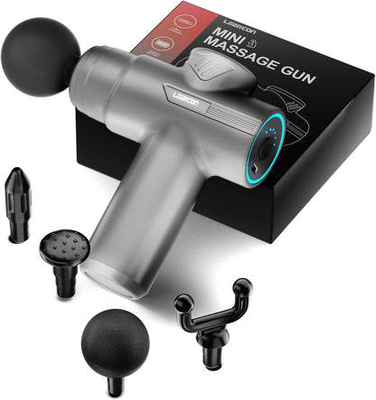 LEERCON Mini Massage Gun, Deep Tissue Relief, 6 Speeds, 4 Heads, Portable for Travel, Office & Home, Gift for Men & Women (Gray)