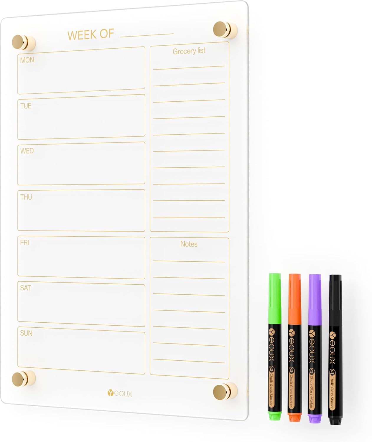 Yeoux Black Glass Golden Weekly & Menu Dry Erase Calendar Board 15“x11