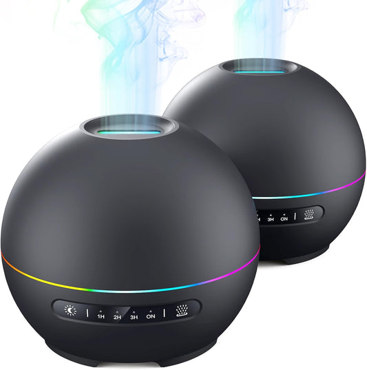 THIMONES 2 Pack Essential Oil Diffuser for Home - 200ml Ultrasonic Aromatherapy Diffuser with 4 Timers & 7 Colors Night Lights, 20dB Quiet Working for 10 Hours (Black+Black)