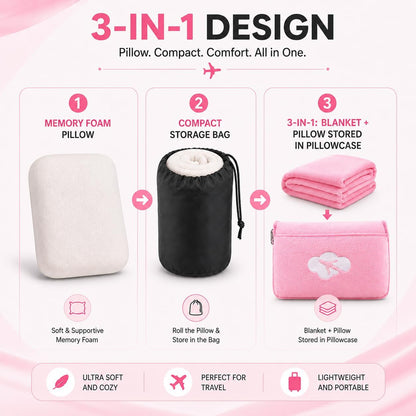 Blanket Pillow for Airplane Travel Essentials - 3 In 1 Travel Blanket and Pillow Set for Women Gifts, Plane Compact with Bag for Long Flight, International Traveler Must Haves Flying Accessories（Pink）