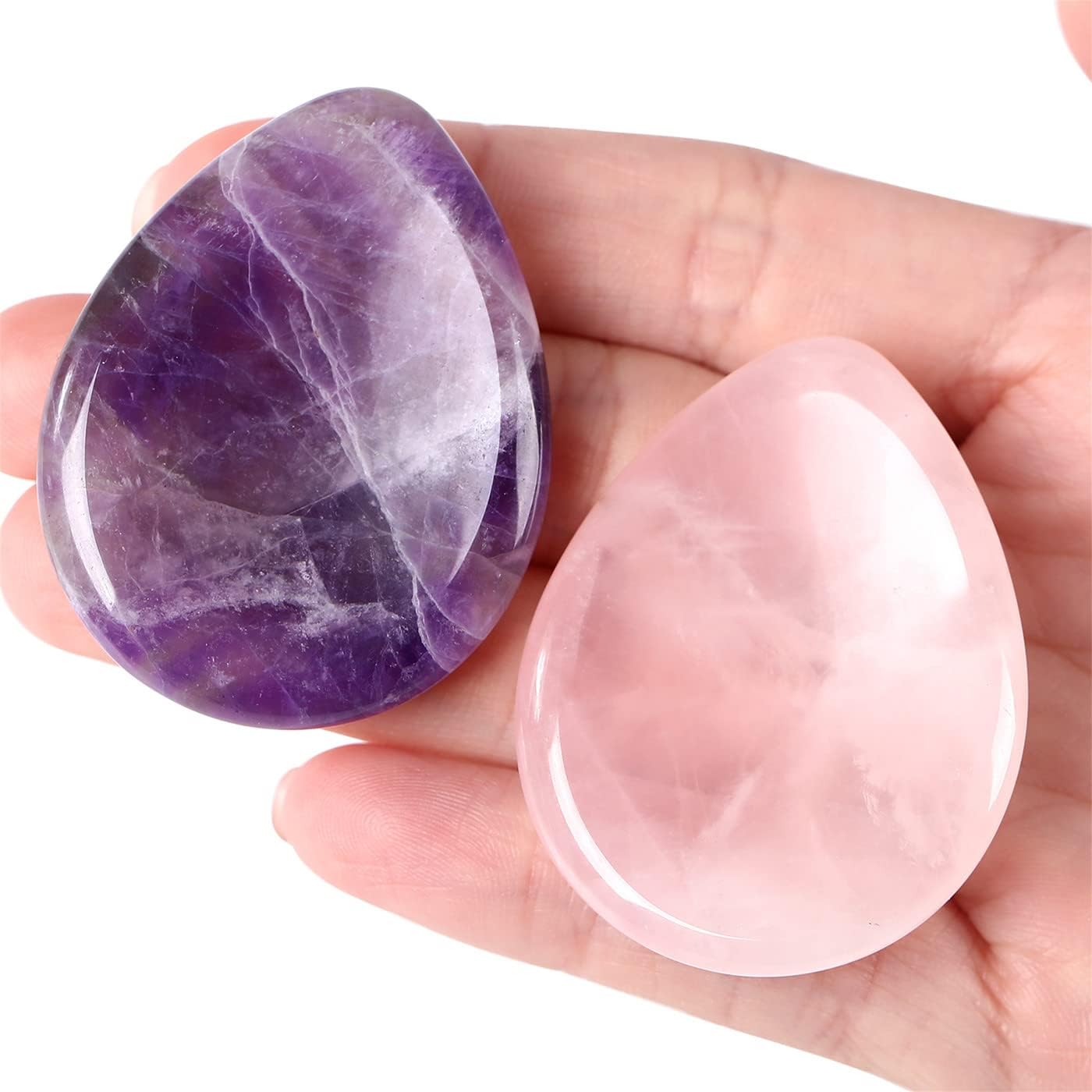 YATOJUZI Thumb Worry Stones for Anxiety Stress Relief Items Healing Crystals Natural Amethyst Rose Quartz Crystal Palm Pocket Stone Gemstones Meditation Reiki Spiritual Gifts for Women Men 2PCS