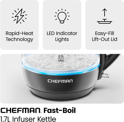 Chefman Electric Kettle with Tea Infuser, Compact 1L (4 Cups), 1500W, Removable Lid for Easy Cleaning, Boil-Dry Protection, Stainless Steel Filter, BPA Free, Auto Shut Off, Small Electric Tea Kettle
