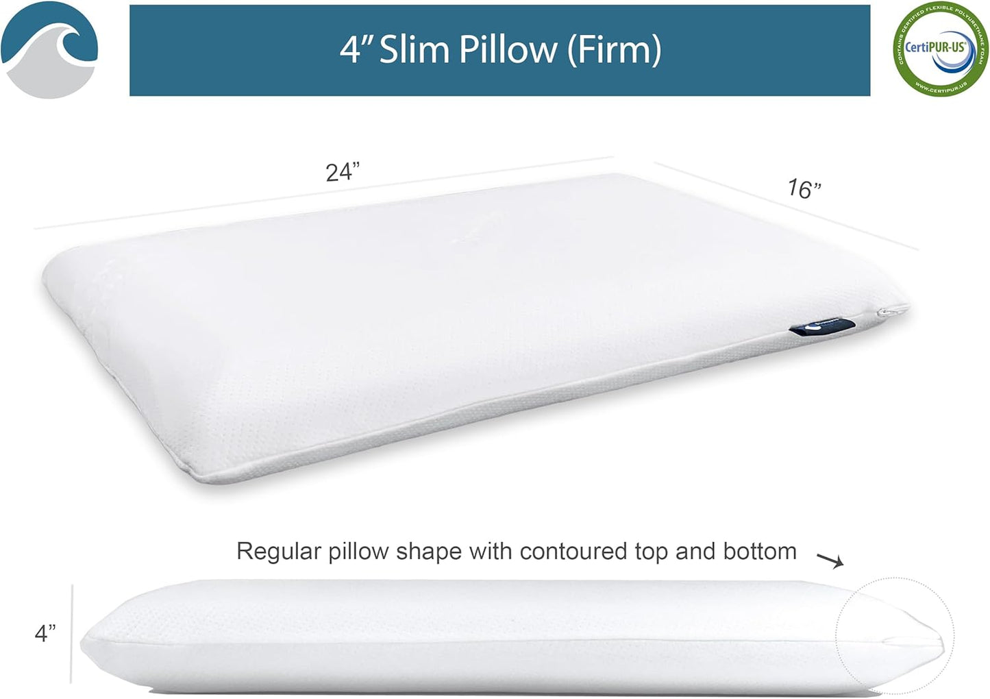 Bluewave Bedding Ultra Slim Max Cool CarbonBlue Gel Memory Foam Pillow for Stomach and Back Sleepers - Thin, Flat Design with Advanced Cooling (2.75-Inch Height, Standard Size)