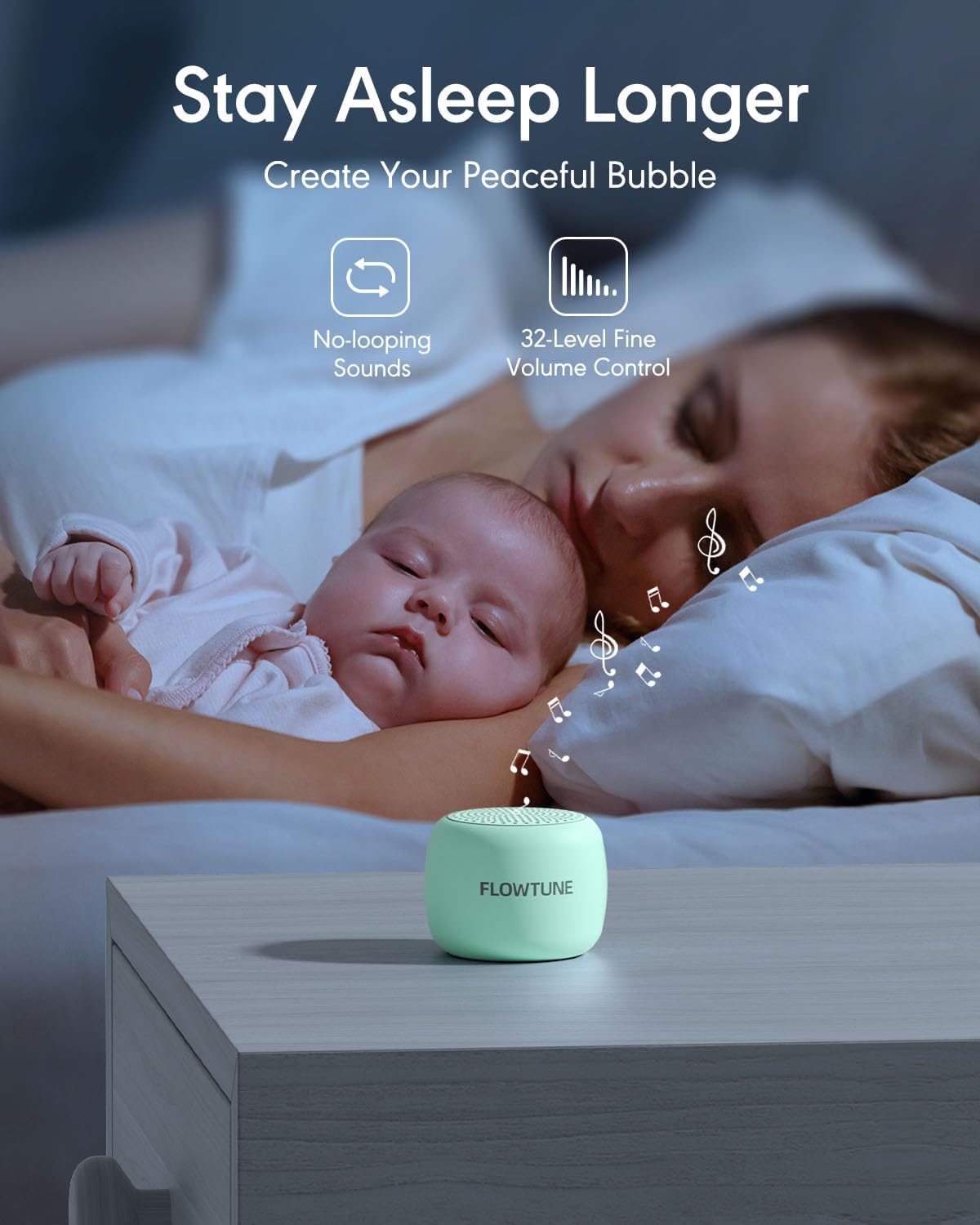 FLOWTUNE Sound Machine White Noise Machine for Baby Adults, 18 Non-looping Sounds, Timer, Memory Function, Portable Sleep Sound Therapy Gift (Mint Green)