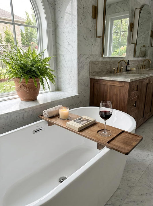 Luxury Wooden Bathub Caddy Tray - Premium Natural Acacia Bath Organizer with Wine Glass Holder, Tablet Slot and Phone Mount - Expandable Spa Board to Fit Most Tubs
