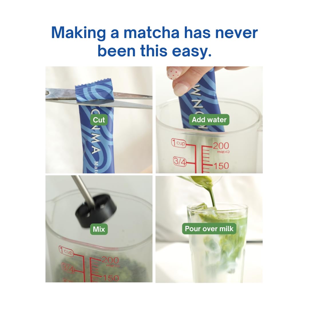KONMA Matcha Latte Mix, Dairy Free - 10 Individual Serving Sachet Sticks - Lightly Sweet Matcha Green Tea Powder with Cane Sugar for Café Style Blend, 2.8 Ounce (Pack of 10)