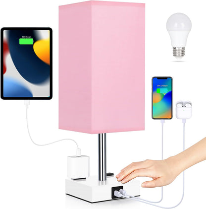 Bedside Table Lamp for Bedroom - Touch Small Lamp with USB C+A Charging Ports & AC Outlets, 3 Way Dimmable Nightstand Light for Living Room (LED Bulb Included, Grey)