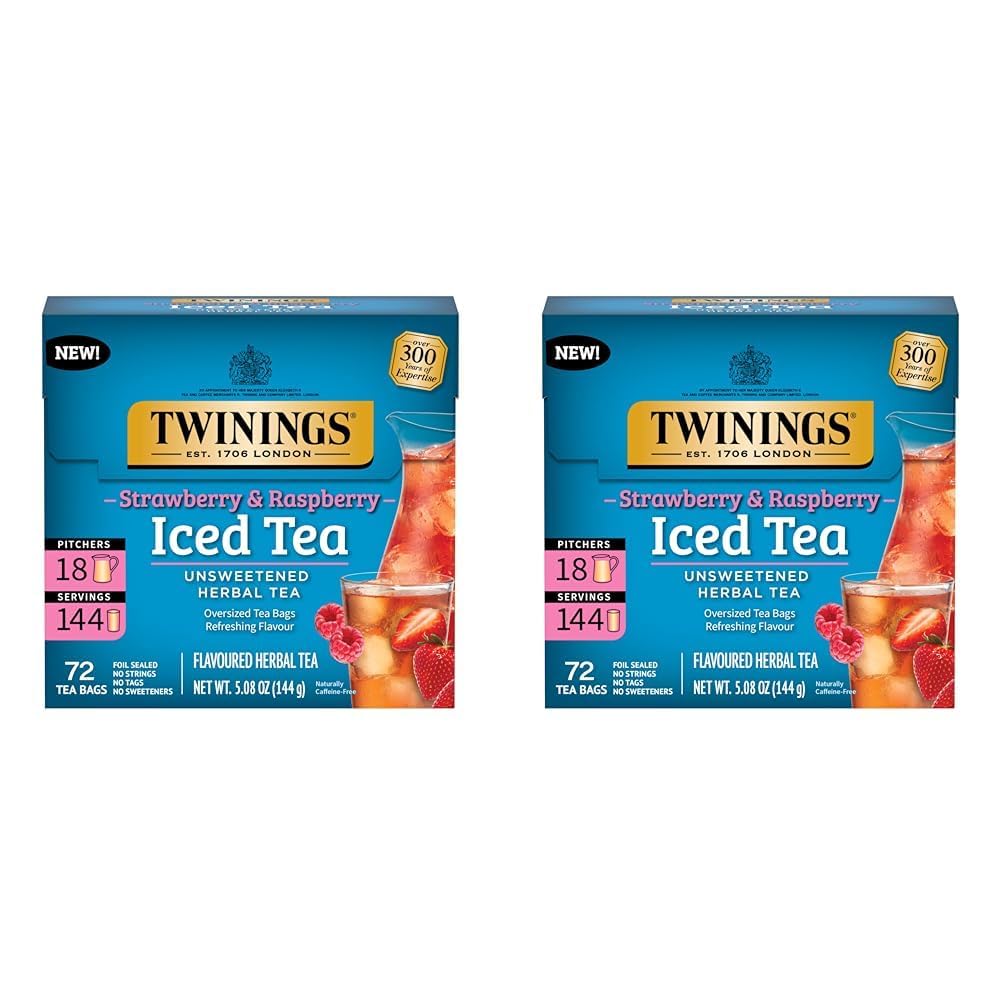 Twinings Strawberry & Raspberry Herbal Iced Tea, 72 Oversized Tea Bags, Makes 18 Pitchers or 144 Servings, Unsweetened, Naturally Caffeine-Free, 72 Count (Pack of 1)