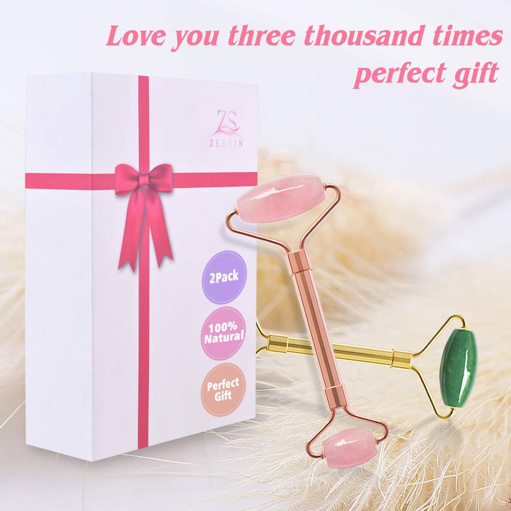 Jade Roller & GuaSha Set-Facial Beauty Roller Skin Care Tools, Rose Quartz Massager for Face, Eyes, Neck, Body to Relieve Wrinkles,Fine Line and Eyepuffiness