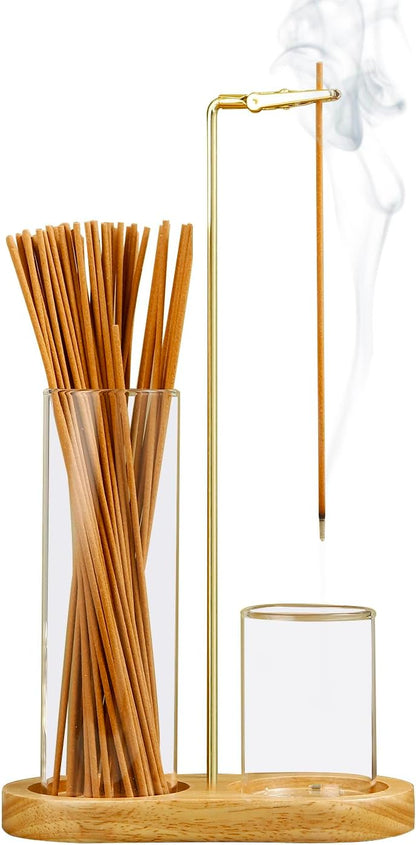 2 in 1 Incense Holder for Sticks, Anti-Ash Flying Incense Burne with Glass Ash Catcher and Incense Sticks Organizer for Meditation Yoga Spa Home Decor (Dark Base)