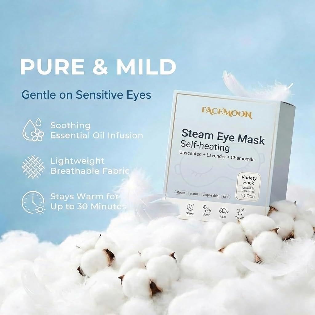 FACEMOON 30 Pack Self-Heating Steam Eye Masks for Dry Eyes: Moist Heat Warm Compress for Stye Fast Relief & Digital Eye Strain, Disposable Heated Eye Mask, No Microwave Needed, Unscented Travel Ready