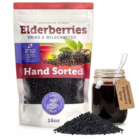 Black Dried Elderberries 1lb, Wildcrafted Elderberry for DIY Syrup & Tea