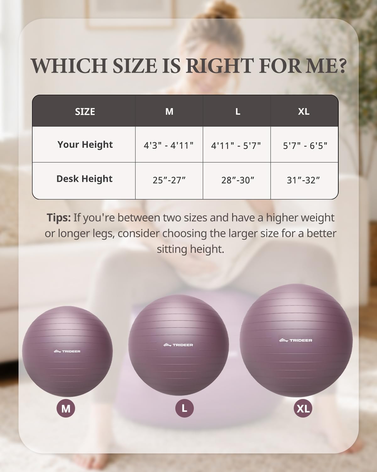 Trideer Exercise Ball, Stability Yoga Ball for Physical Therapy, Active Sitting, Pregnancy & Birth Labor Prep, Core Strength, Balance Training, Posture Improvement and Daily Stretching, 55/65/75cm