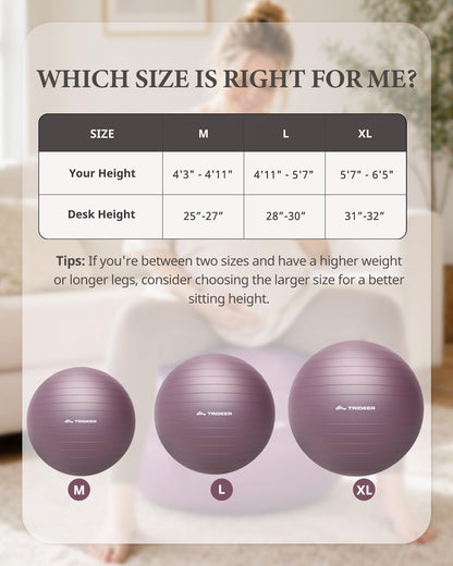 Trideer Exercise Ball, Stability Yoga Ball for Physical Therapy, Active Sitting, Pregnancy & Birth Labor Prep, Core Strength, Balance Training, Posture Improvement and Daily Stretching, 55/65/75cm