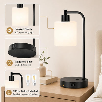 Set of 2 Industrial Touch Control Table Lamps with USB C+A Ports and AC Outlet - 3-Way Dimmable Black Bedside Lamps Nightstand Desk Lamps for Bedroom Living Room, Glass Shade & 2 LED Bulbs Included