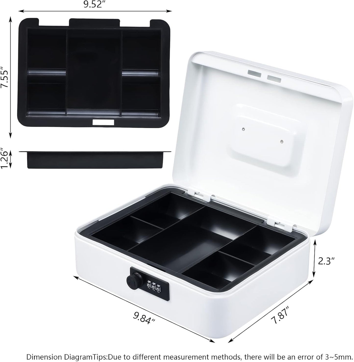 KYODOLED Cash Box with Combination Lock Safe Metal Money Box with Money Tray for Security Lock Box 7.87"x 6.30"x 3.35" Black