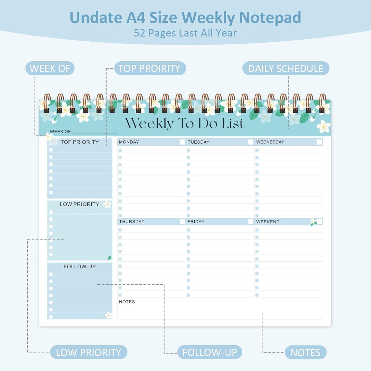 Weekly To Do List Notepad, 52 Sheets, Undated Weekly Planner, Letter Size | 8.5"x11", 100GSM, Thick Paper, Twin-Wire Spiral Bound, Tear Off Desk Pad, For Women & Man, Home School & Office Work