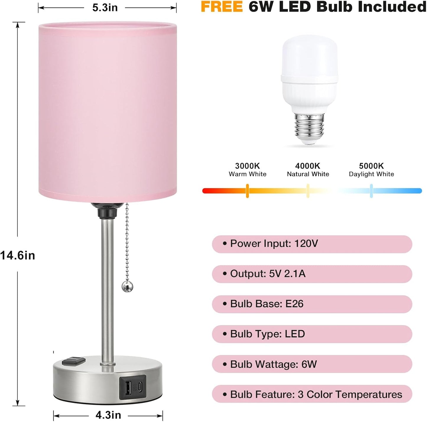 Small Bedside Table lamp for Bedroom - 3 Color Temperatures Bedside Lamps with USB C and A Ports, Pull Chain Table Lamps with AC Outlet, White Nightstand Lamps with Black Metal Base for Kids Reading