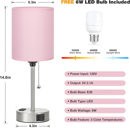 Small Bedside Table lamp for Bedroom - 3 Color Temperatures Bedside Lamps with USB C and A Ports, Pull Chain Table Lamps with AC Outlet, White Nightstand Lamps with Black Metal Base for Kids Reading