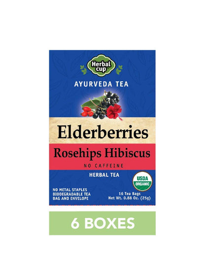 Herbal Cup Ayurveda Elderberries Tea, Organic Rosehips Hibiscus, No Caffeine Herbal Supplement (16 Count, Pack of 6)