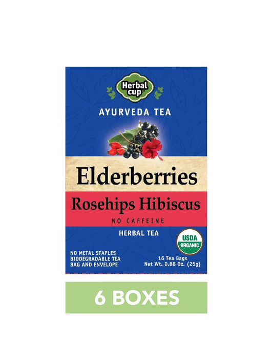 Herbal Cup Ayurveda Elderberries Tea, Organic Rosehips Hibiscus, No Caffeine Herbal Supplement (16 Count, Pack of 6)