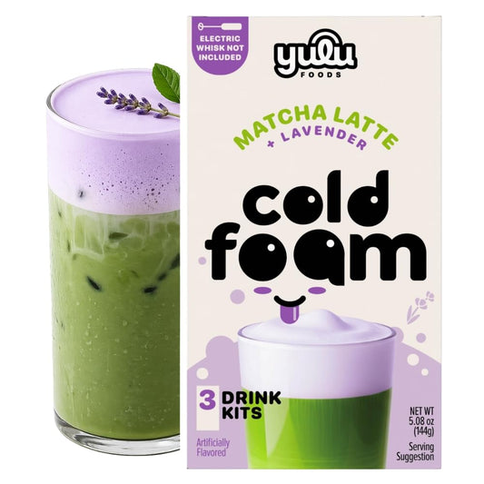 Yulu Instant Latte Kit, Matcha Drink Mix with Lavender Cold Foam Topping, Café-Style Iced Tea Blend, Includes Powder Packets, Easy DIY Beverage Kit, 3 Drink Sets (Lavender)