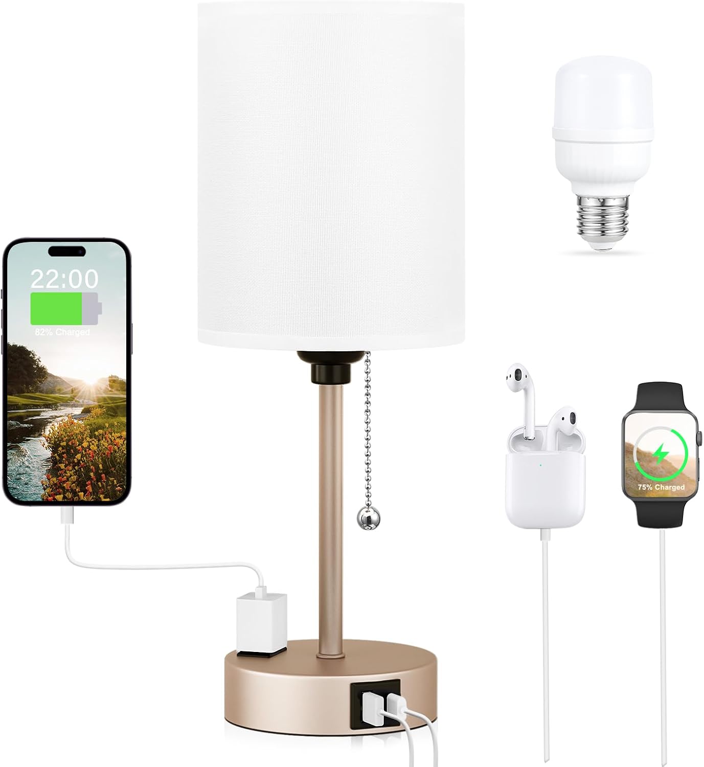 Small Bedside Table lamp for Bedroom - 3 Color Temperatures Bedside Lamps with USB C and A Ports, Pull Chain Table Lamps with AC Outlet, White Nightstand Lamps with Black Metal Base for Kids Reading