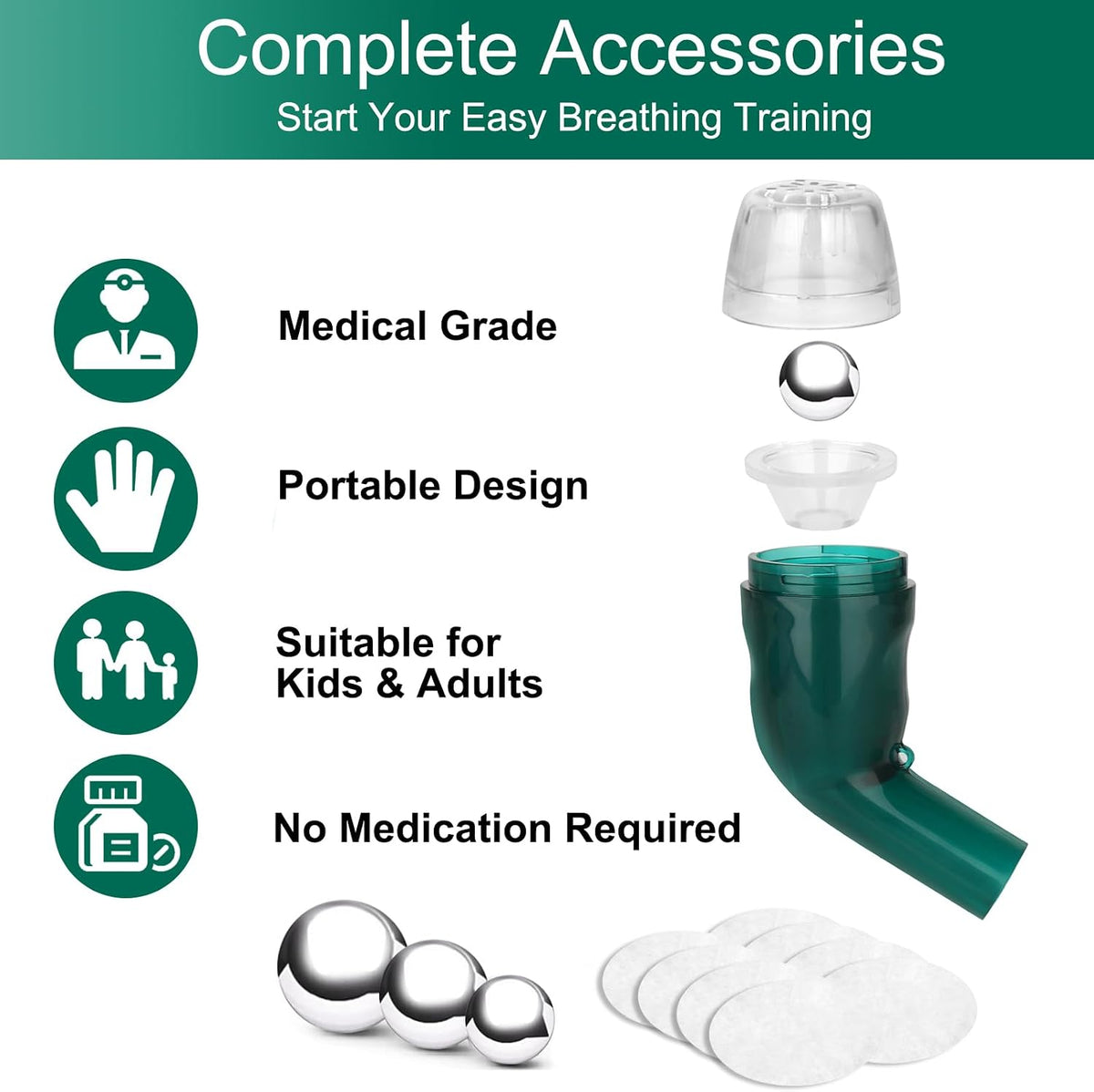 Giyosk Breathing Exercise Device for Lungs, Lung Expansion and Mucus Relief Device, Portable Expiratory Breathing Exerciser with A Set of Accessories, Breathing Trainer for Lung Cleanse(Green)