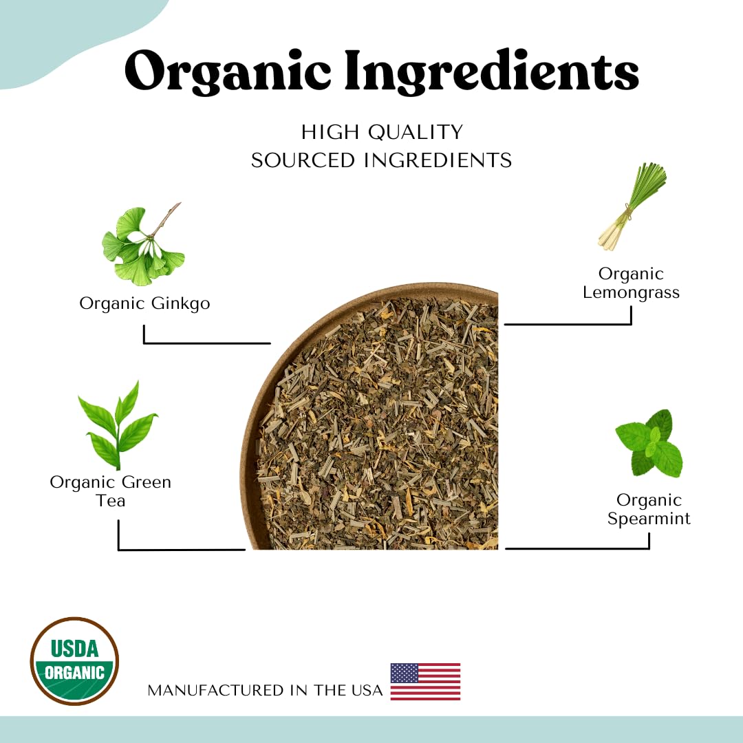 Organic Green Tea Loose Leaf Tea Bags – Energy Blend, Cortisol, Spearmint, Lemongrass, Ginkgo, Focus, Adrenal Support, AIP Herbal Energizing Blend for Cognitive Function, 15 Count