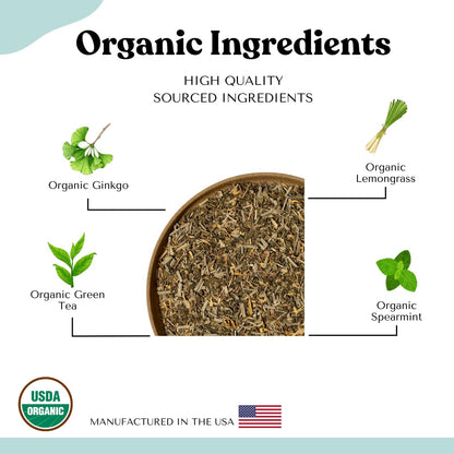 Organic Green Tea Loose Leaf Tea Bags – Energy Blend, Cortisol, Spearmint, Lemongrass, Ginkgo, Focus, Adrenal Support, AIP Herbal Energizing Blend for Cognitive Function, 15 Count