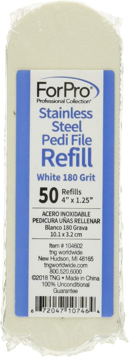 ForPro Professional Collection Stainless Steel Pedi File Refill, 180 Grit, White, EZ-Strip Peel Pedicure Refill Pads, 1.25” W x 4” L, 50-Count