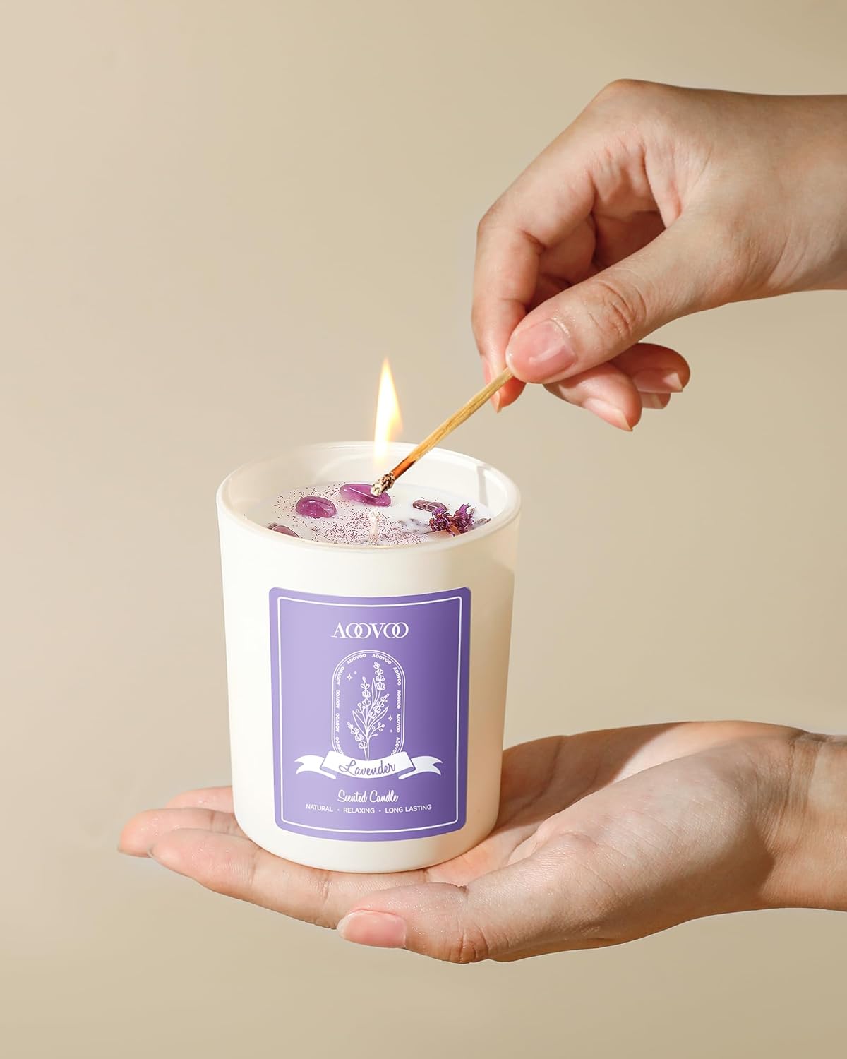 AOOVOO Lavender Scented Candles for Women - Aromatherapy Candle with Crystals Inside, 10oz Soy Candles for Home Scented, Birthday Gifts Mothers Day Candle for Women Mom