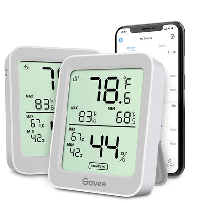 Govee Indoor Hygrometer Thermometer 2Pack H5075 with Bluetooth App Control | Room Temperature Humidity Meter, 164ft Remote Monitor, Smart Alerts, 2 Years Data Storage Export, for Bedroom Wine Cellar