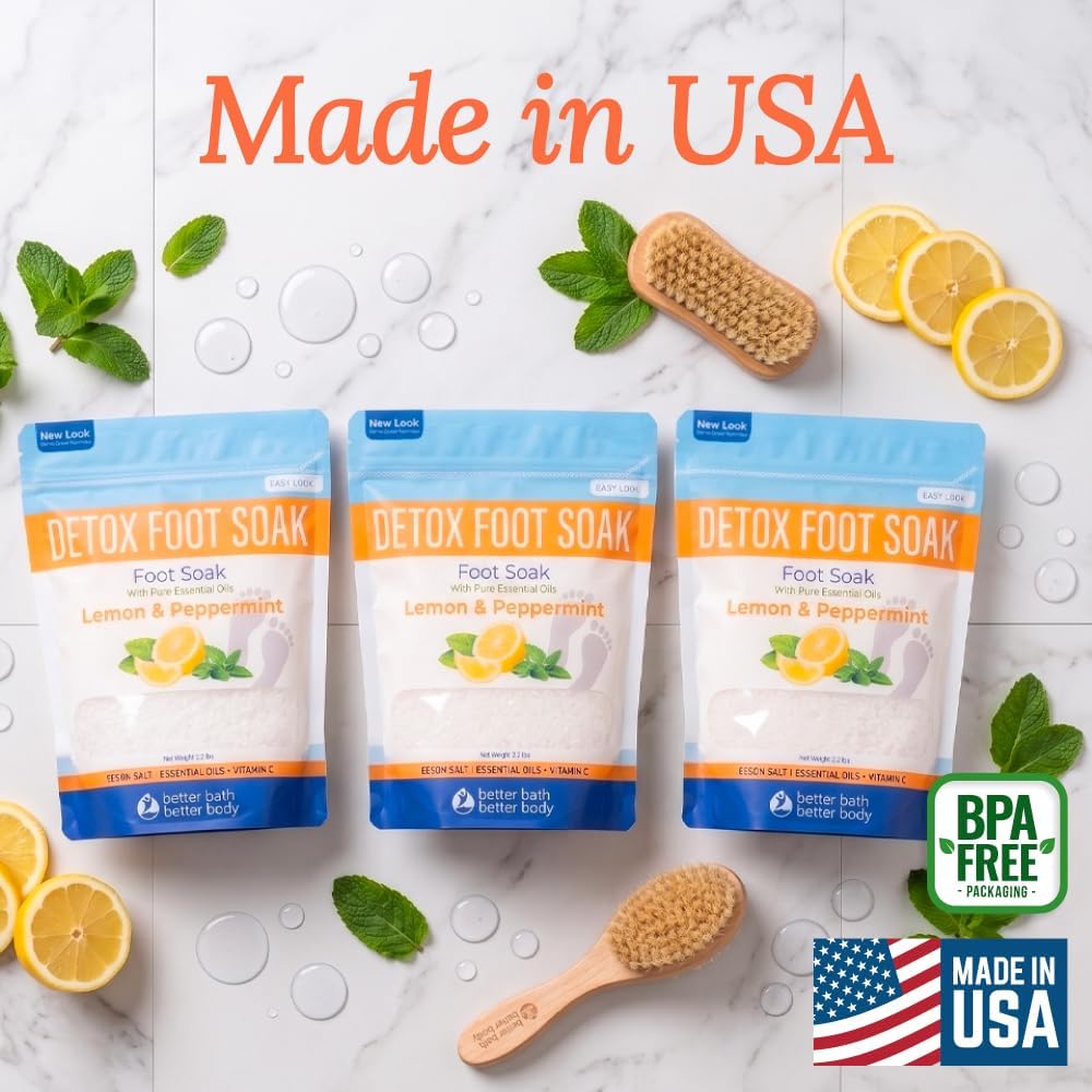 Detox Foot Soak Salts 32 Ounces with Lemon, Peppermint, Lavender Frankincense Essential Oils BPA Free Pouch with Easy Press-Lock Seal Soothe Athletes Foot, Soften Calluses, Relax Tired Feet