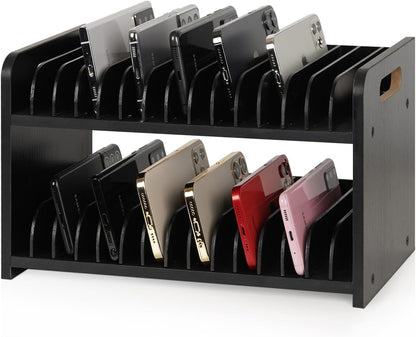30-Grid Wooden Cell Phone Holder stand with 1-30 Number Stickers, Black