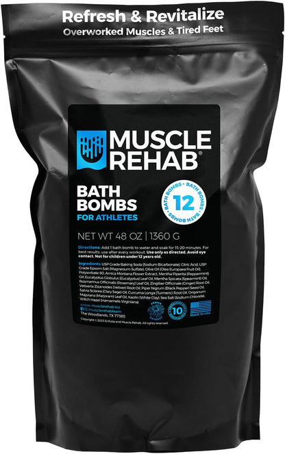 Muscle Rehab Epsom Salt Bath Bombs with Arnica (4 Pack) | Magnesium Recovery Soak for Sore Muscles, Post-Workout Relief & Relaxation | Eucalyptus, Turmeric & Clary Sage Essential Oils