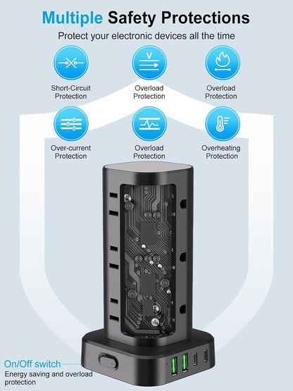 6FT Power Strip Tower Surge Protector, 12 Wide Spaced Outlets, 4 USB