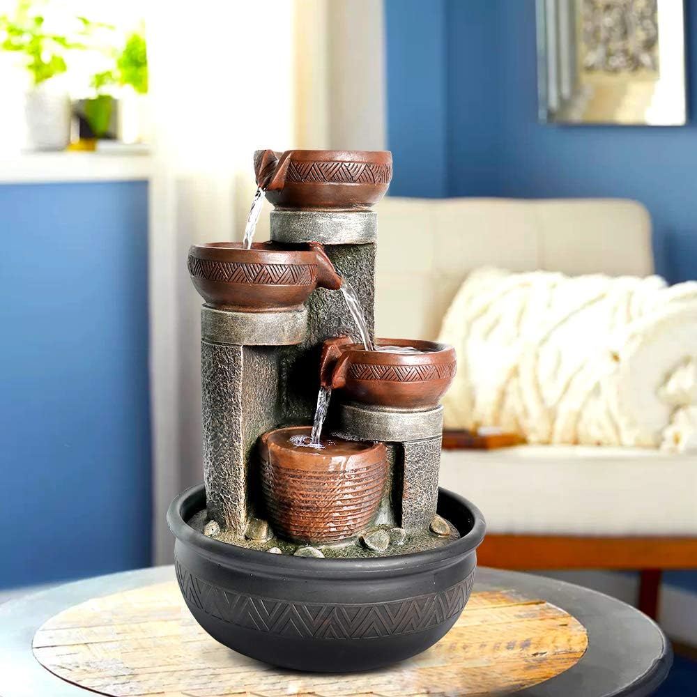 15.7''H Tabletop Water Fountain with LED Lights - Peaceful and Relaxing Water Sound - Small Desktop Waterfall Fountain for Home and Office Decoration